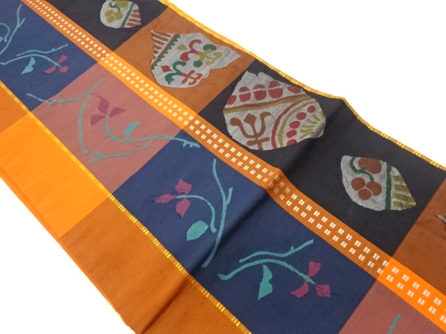 手織り紬縞に草花模様織出し名古屋帯